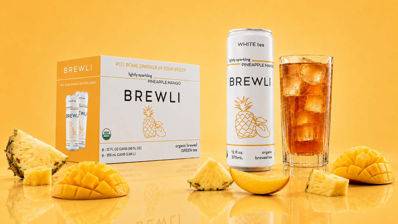 Brewli Organic Teas pineapple mango can and multipack packaging